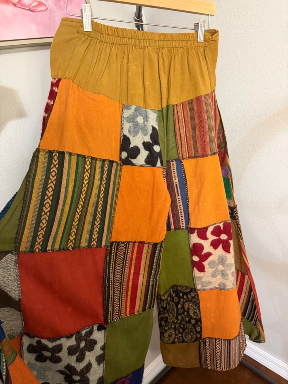 Boho Patchwork Wide Leg Pants Cotton Nepal Festival Hippie Lounge M/L NWT - Picture 9 of 10
